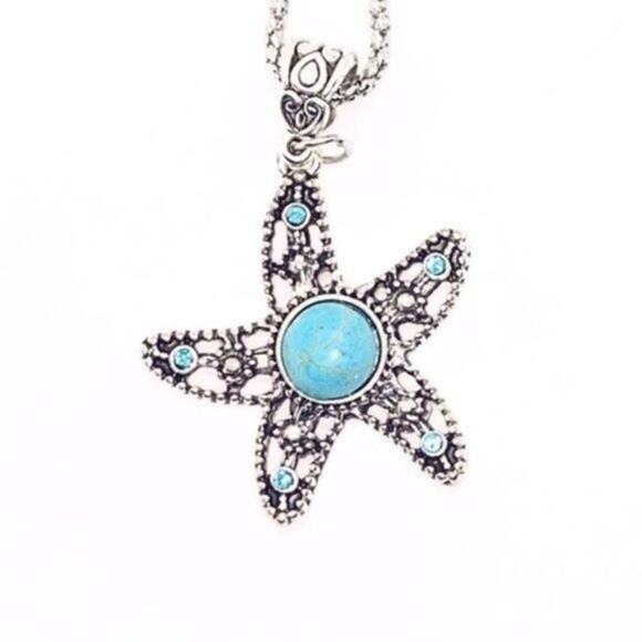 Silver-Tone Turquoise Starfish Necklace - Picture 4 of 7
